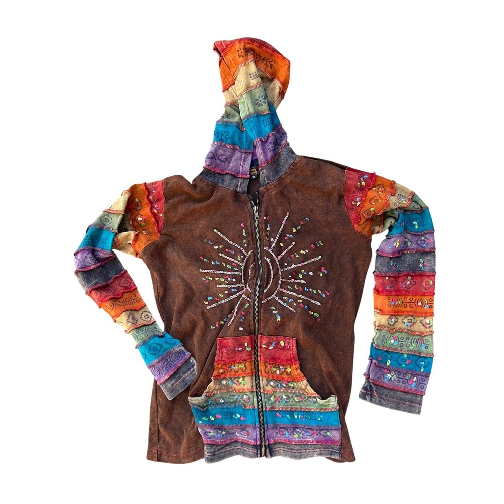 Rising International Hoodie XL Womens Sun Rainbow Striped Hippie Boho Brown